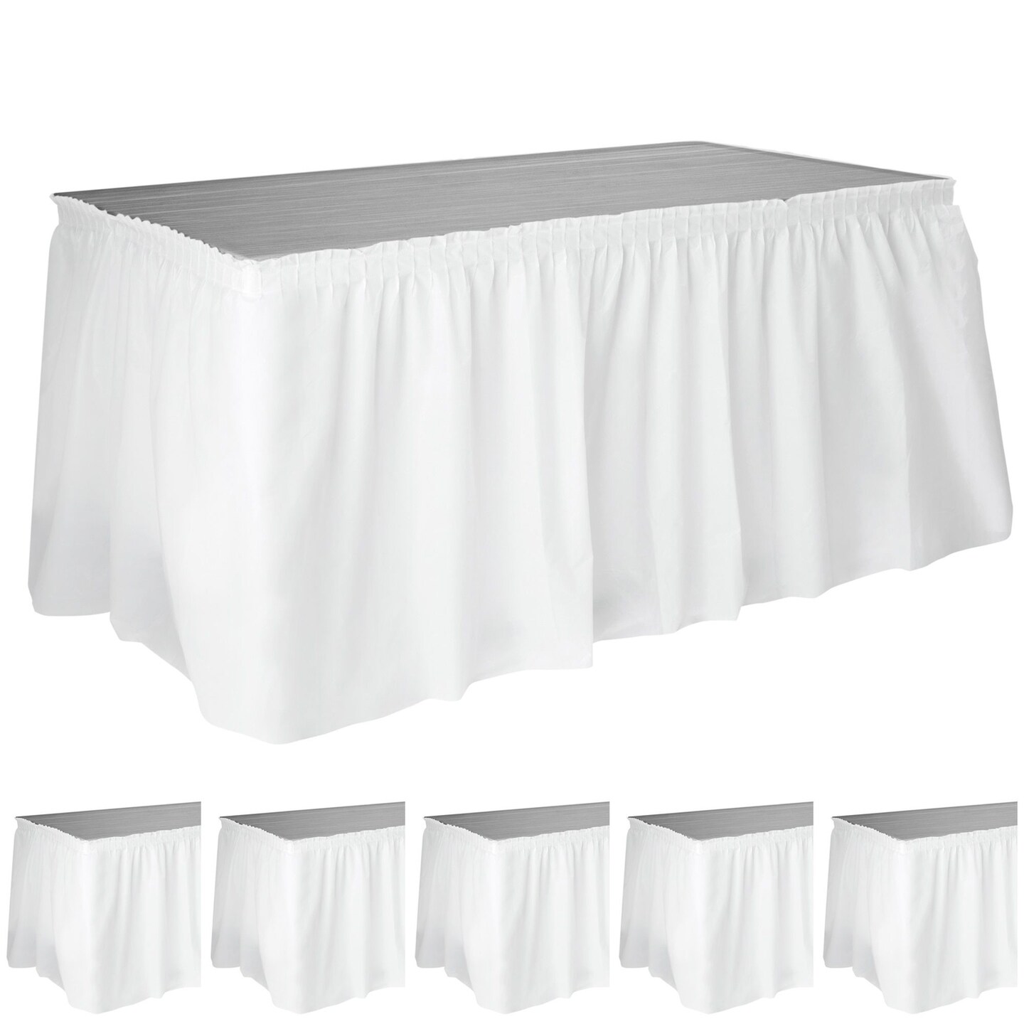 6 Pack White Table Skirt for Rectangle Tables, 29 in x 14 ft Disposable Plastic Table Skirts for Wedding, Engagement Party, Baby Shower, Fits Tables Up To 8 ft Long