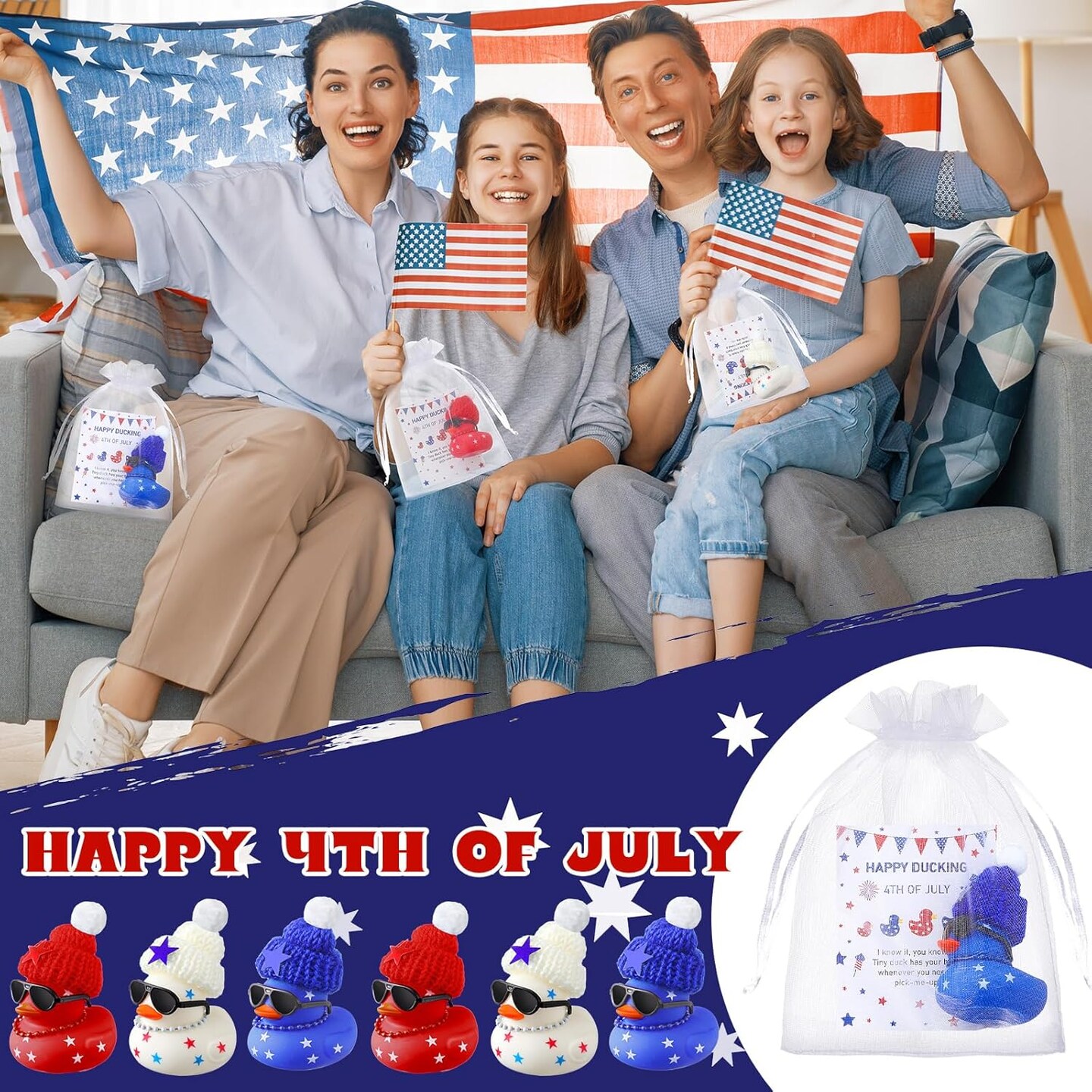 200 Pcs 4th of July Gifts Include 50 Pcs Patriotic Rubber Ducks 50 Red White Blue Cards 50 Organza Bags 50 Duck Hats for Memorial Independence Day 250th Anniversary Party Decor