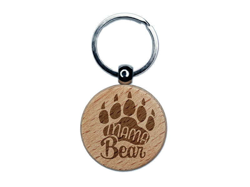 Mama Bear Mother's Day Paw Family Engraved Wood Round Keychain Tag Charm