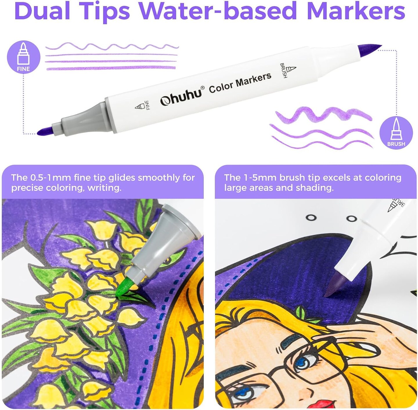 Ohuhu Water Based Markers for Adult Coloring Books - 60 Colors No Bleeding Water-based Coloring Markers - Drawing Pens Art Markers for Kids Adults Beginners Lettering Journaling - Dual Tips Brush & Chisel/ Brush & Fine