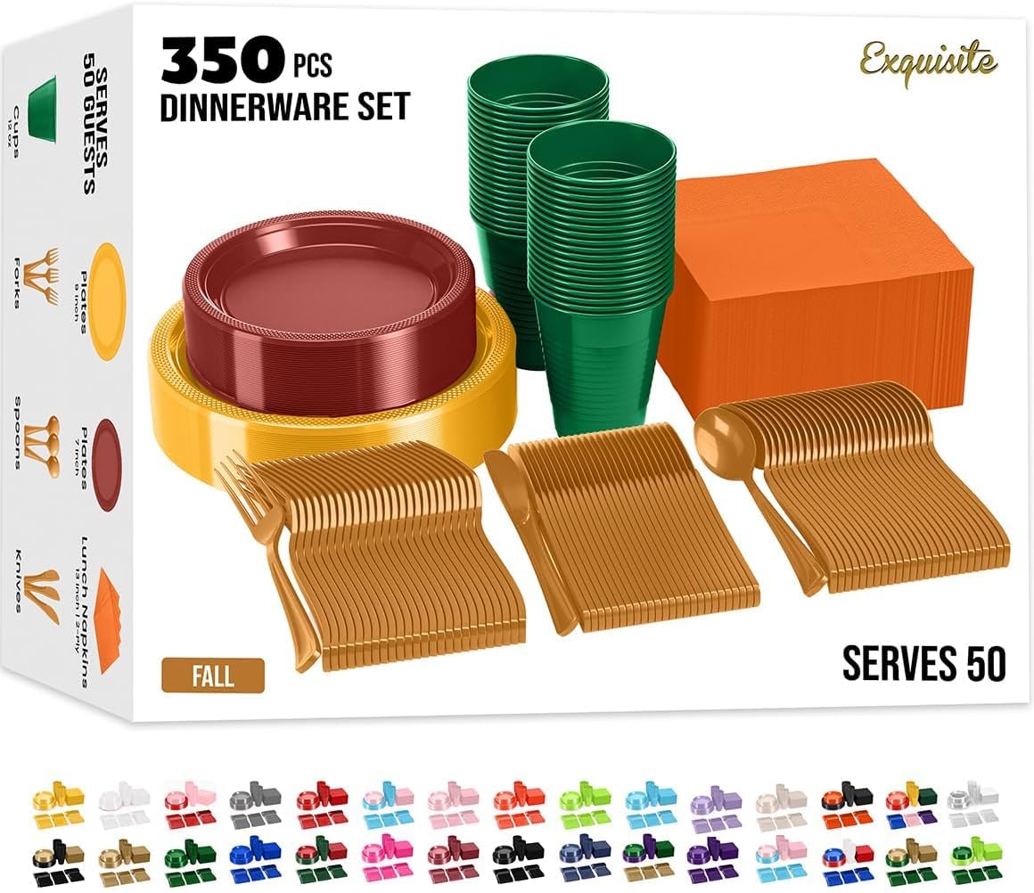 Exquisite 350 Pcs Plastic Plates for Party – Disposable Plates Set – 50 Each of 9" Dinner Plates, 7" Dessert Plates, Plastic Cups, Napkins & Plastic Cutlery – Plastic Dinnerware by Party Solids