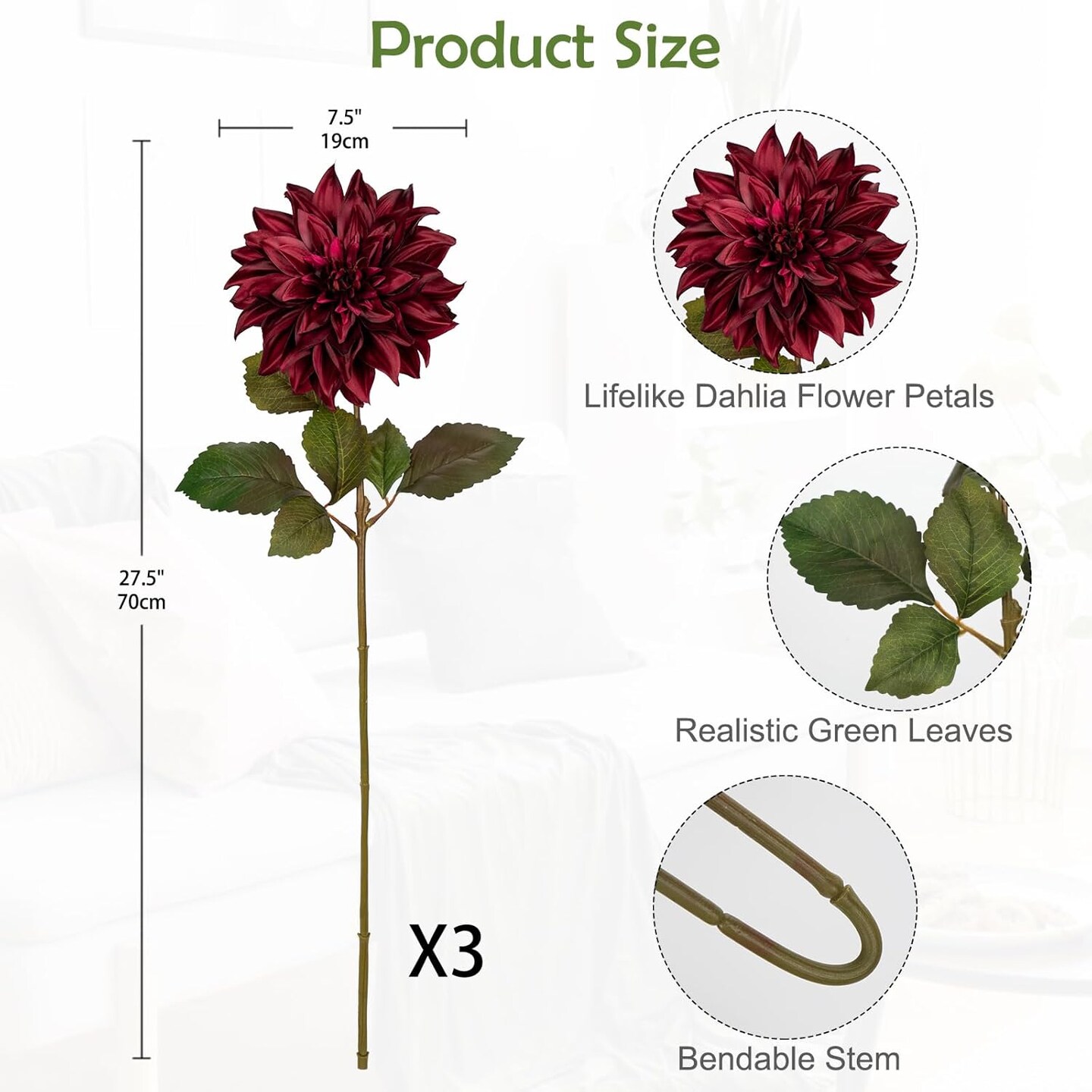 3Pcs Dark Red Artificial Dahlia Flowers with Long Stem - 28&#x22;