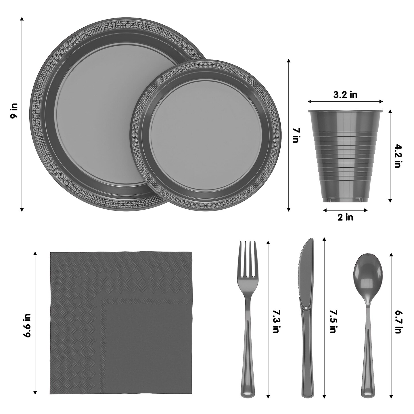 Exquisite 350 Pcs Plastic Plates for Party – Disposable Plates Set – 50 Each of 9" Dinner Plates, 7" Dessert Plates, Plastic Cups, Napkins & Plastic Cutlery – Plastic Dinnerware by Party Solids