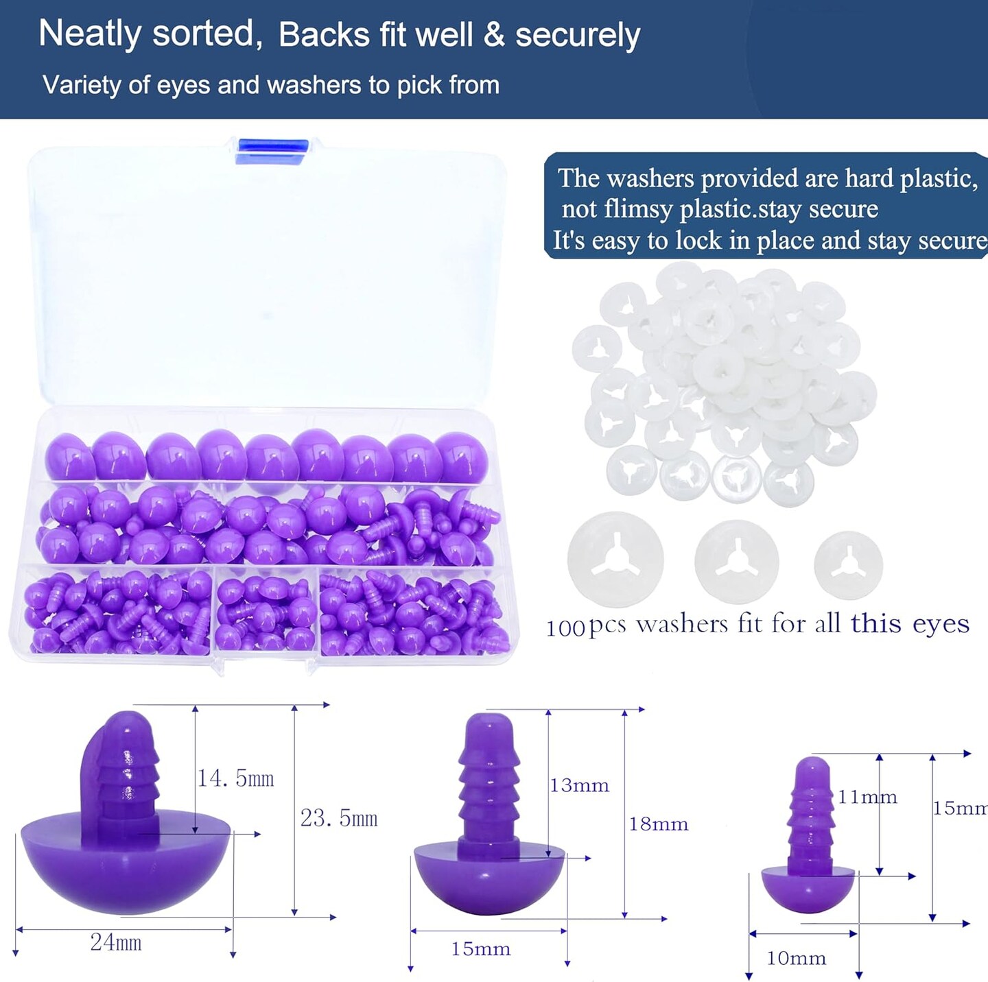 200pcs Safety Eyes with Secure Washers for Amigurumi – 10mm, 15mm, 24mm Translucent Colored Craft Eyes