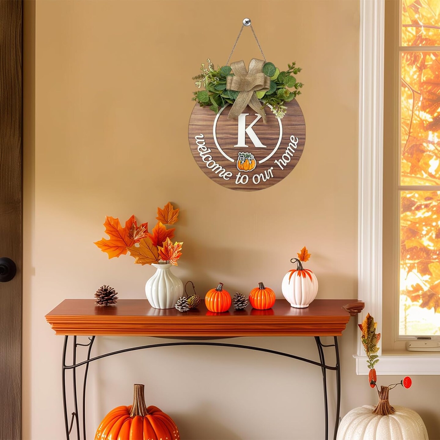 “Hey There Pumpkin” Welcome Sign – 12” Rustic Fall Hanging Door Decor, Wooden Autumn Front Porch Sign with Buffalo Bow & Greenery, Farmhouse Welcome Decoration for Home, Office, Garden & Seasonal Events