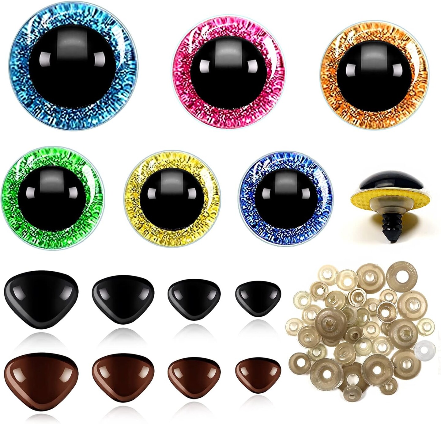 100 Sets Large Glitter Safety Eyes & Noses for Amigurumis – Plastic Craft Eyes & Noses with Washers for Crochet Dolls and Stuffed Animals