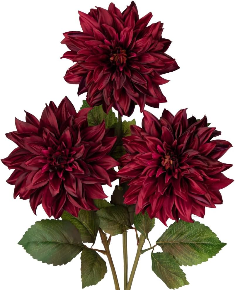 3Pcs Dark Red Artificial Dahlia Flowers with Long Stem - 28&#x22;