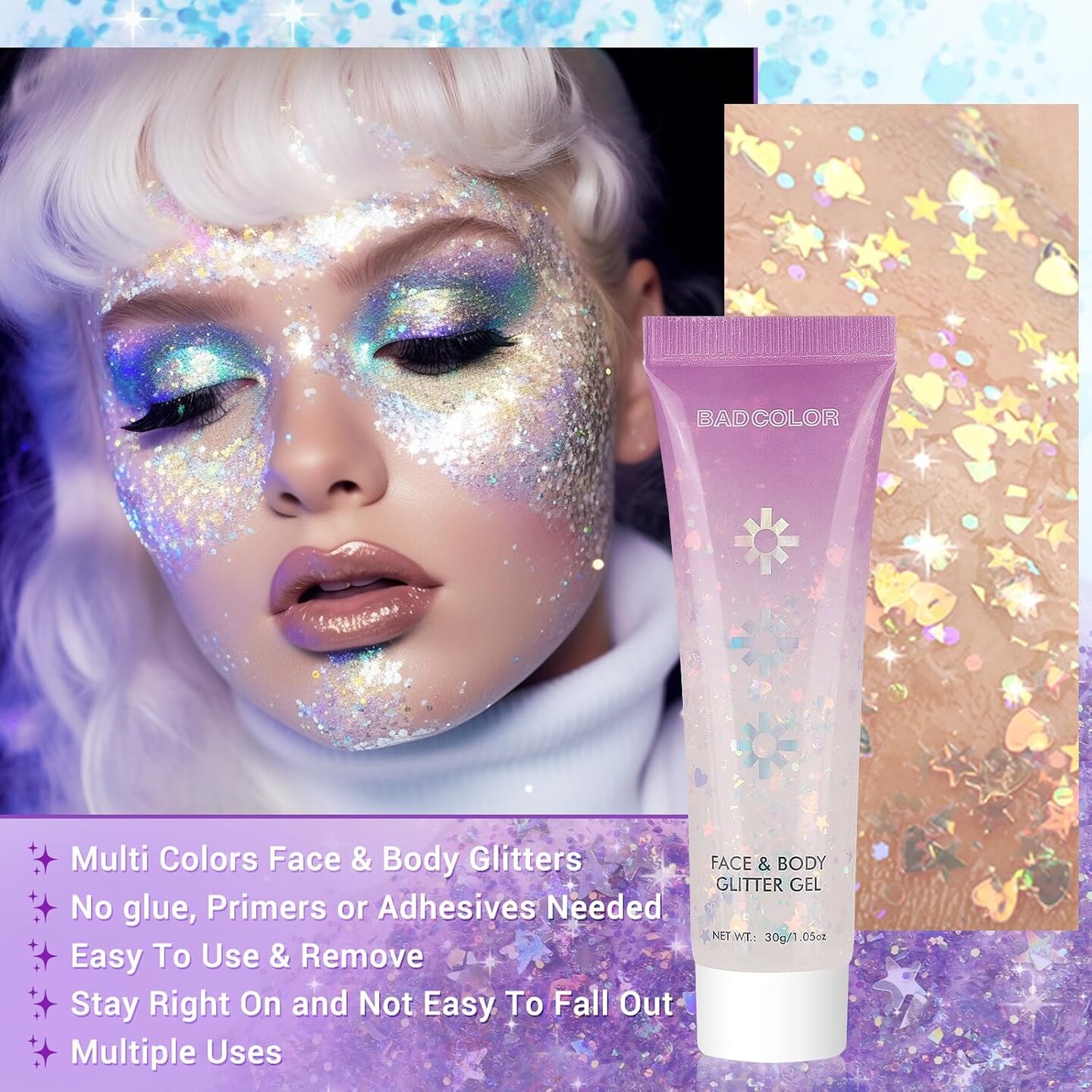 White Face Body Glitter Gel, Holographic Shimmer Chunky Glitters Makeup for Hair Nails Eye Lips