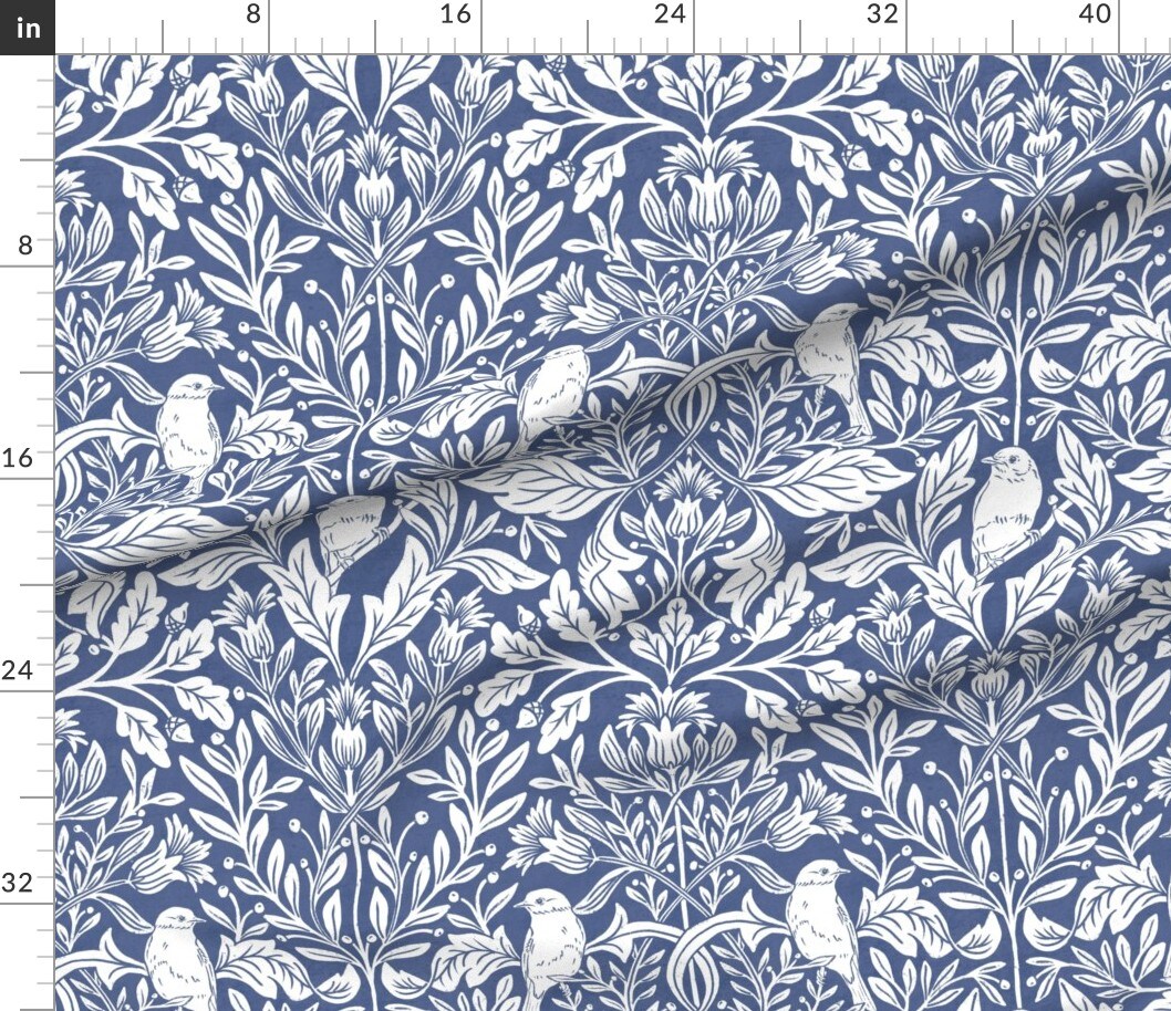Woodland Blue Birds Traditional Block Print Botanical Floral Victorian Garden Custom Printed Fabric by Spoonflower Various Fabrics by the Yard or Fat Quarter