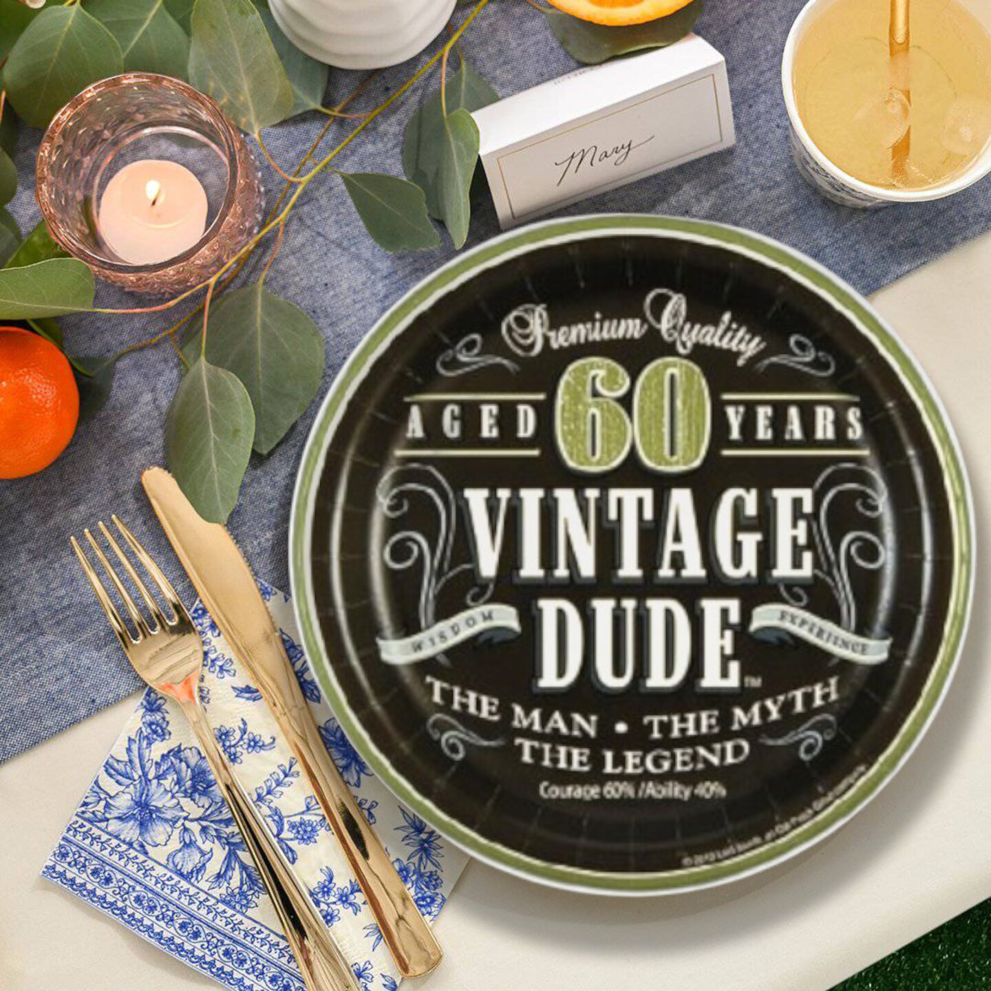 60th Birthday Vintage Dude Paper Dessert Plates 7 Inch for Party and Celebration Decor