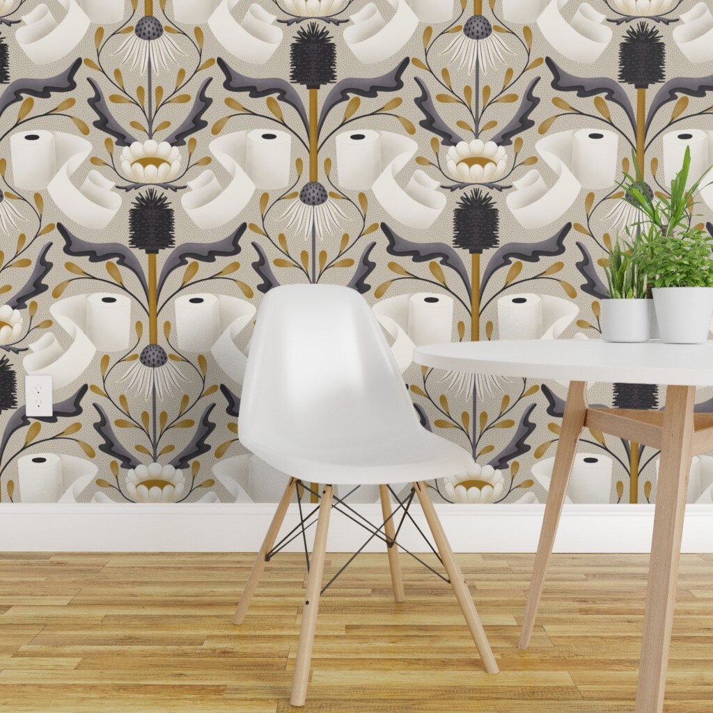 Peel & Stick Wallpaper 2FT Wide Abstract Bathroom Toilet Paper Damask Novelty Washroom Funny Bath Brush Flowers Floral Dots Jokes Custom Removable Wallpaper by Spoonflower