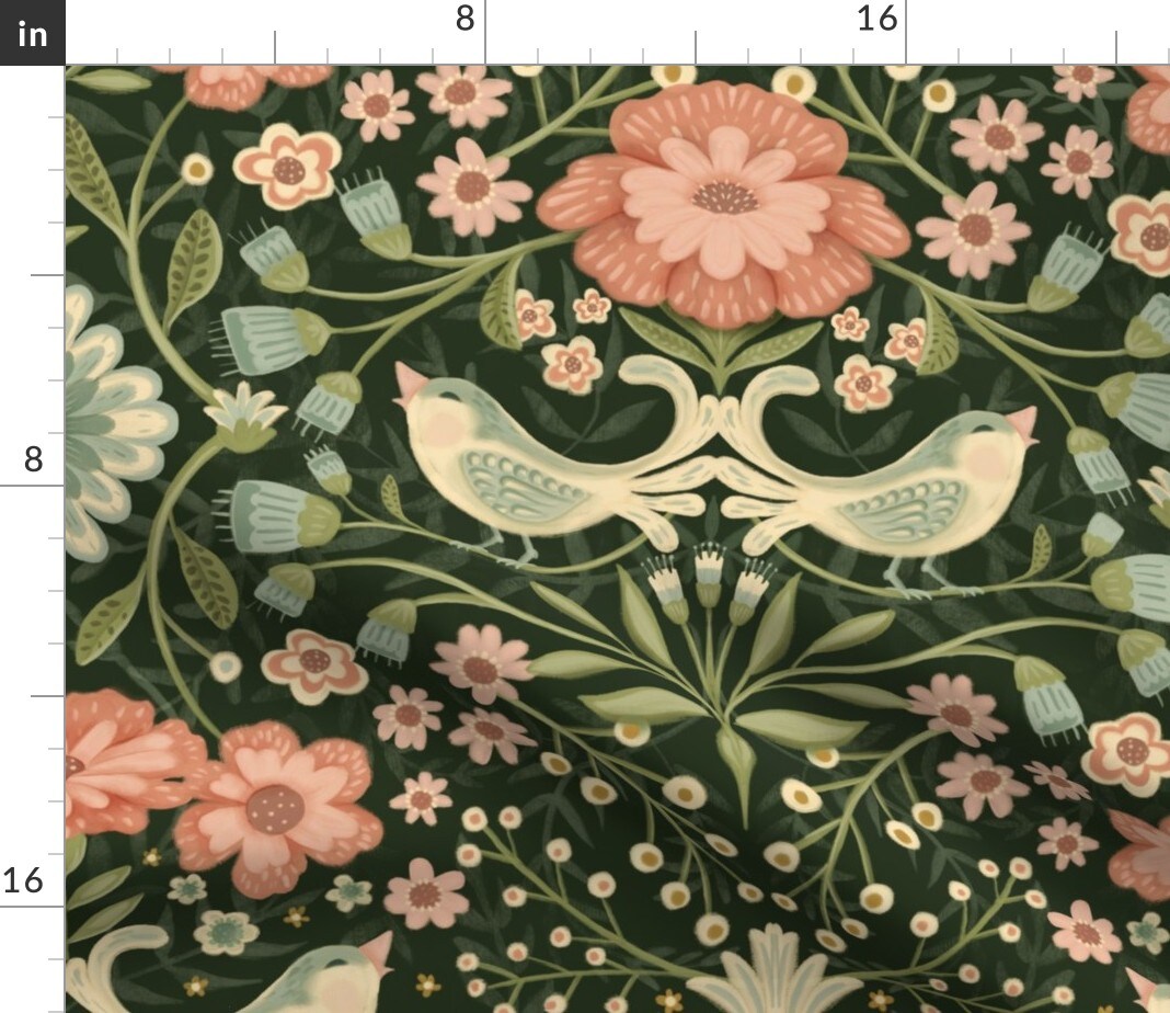 Dark Bohemian Green Pink Flowers Traditional Arts And Crafts Bird Cottagecore Custom Printed Fabric by Spoonflower Various Fabrics by the Yard or Fat Quarter