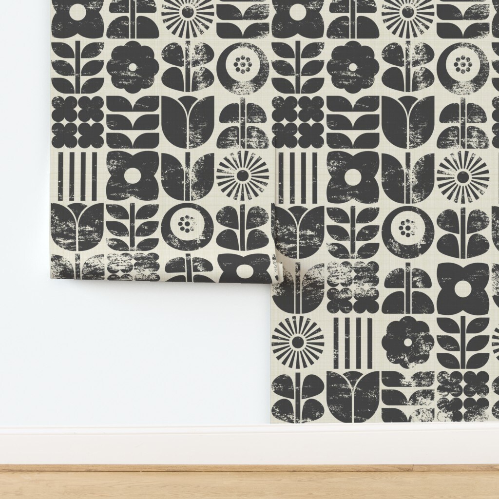 Block Print Floral Black Cream Botanical Retro Scandinavian Monochromatic Mcm Custom Removable Wallpaper by Spoonflower Peel & Stick Wallpaper 2FT Wide