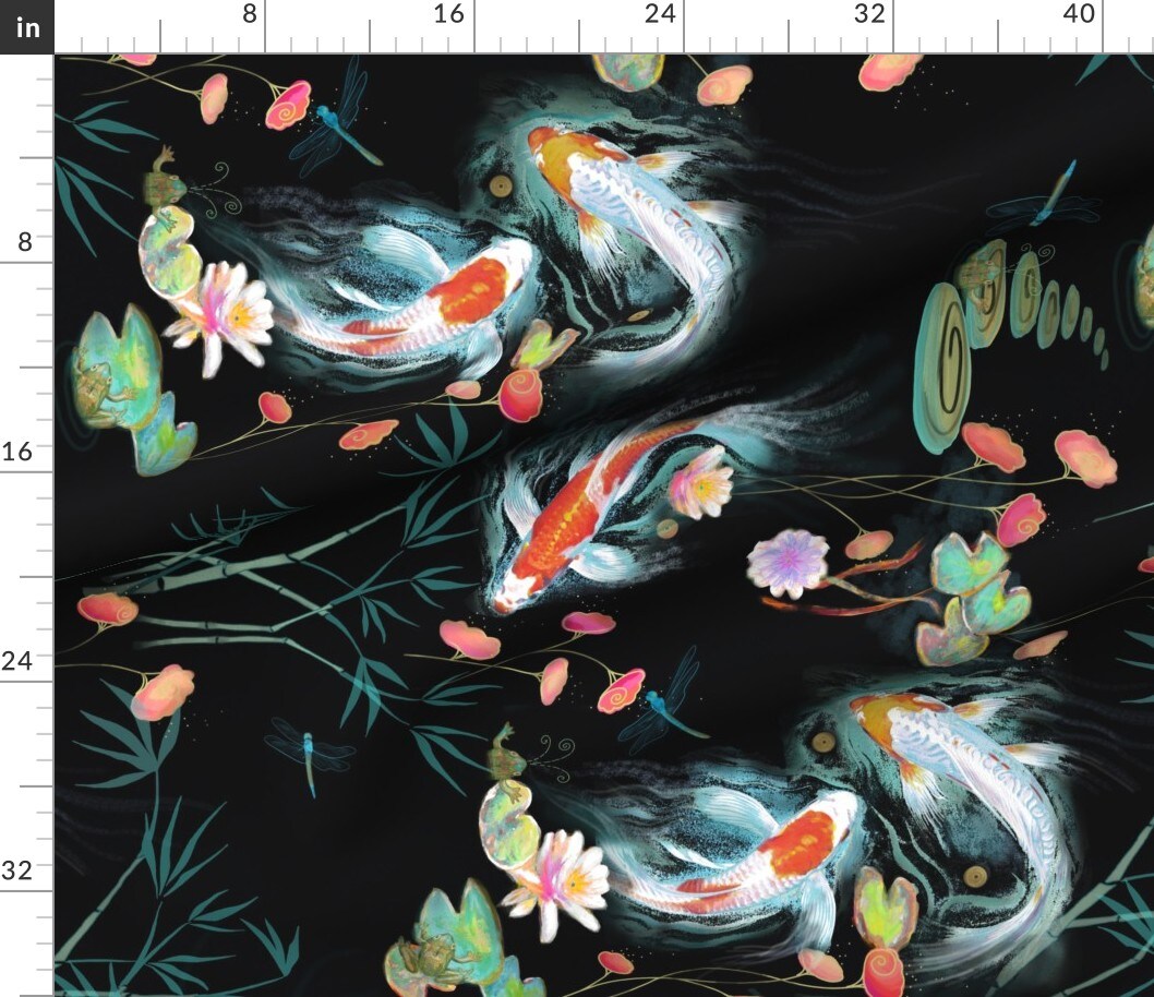 Black Koi Fish Japanese Floral Large Scale Decorative Carp Chinoiserie Water Garden Custom Printed Fabric by Spoonflower Various Fabrics by the Yard or Fat Quarter