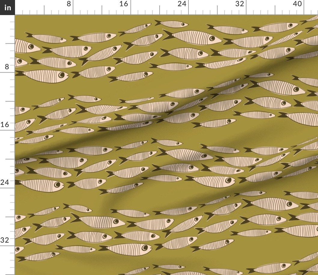 Various Fabrics by the Yard or Fat Quarter Swimming Fish Mid Century Retro Large Scale Vintage Olive Green Backsplash Fishing Custom Printed Fabric by Spoonflower
