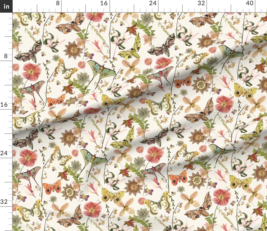 Moth Butterfly Botanical Insects Natural Boho Entomology Custom Printed Fabric by Spoonflower Various Fabrics by the Yard or Fat Quarter