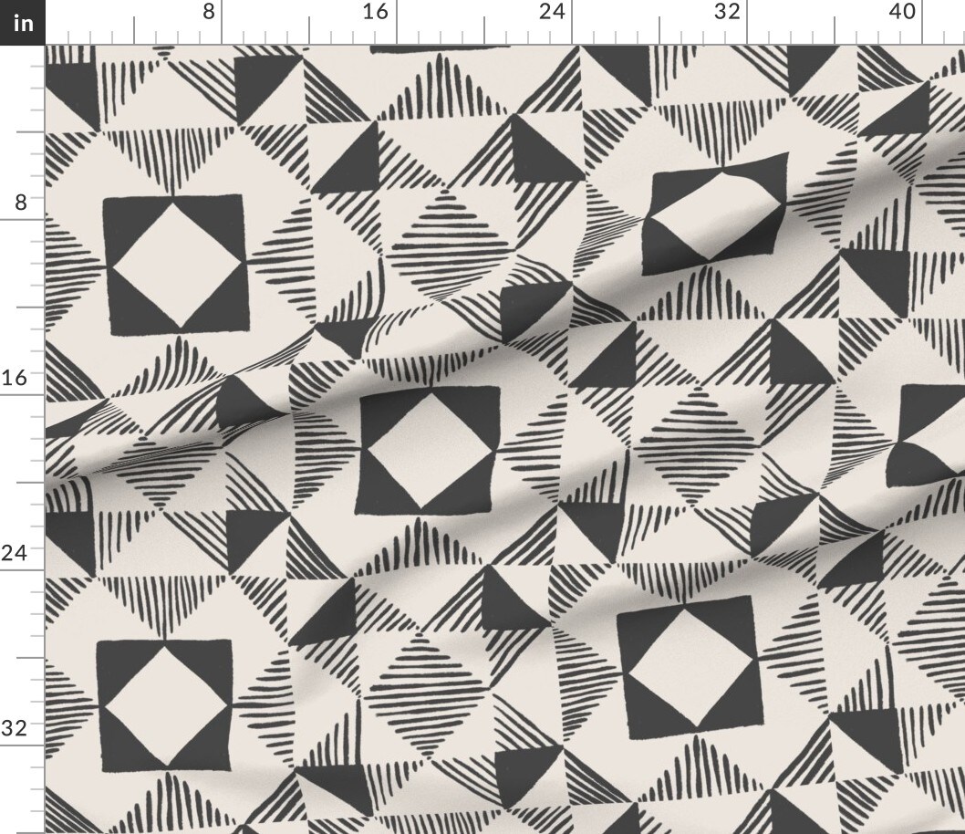Patchwork Hand Drawn Lines Geometric Triangle Cabincore Modern Abstract Boho Rustic Quilt Block Charcoal Farmhouse Squares Square Custom Printed Fabric by Spoonflower Various Fabrics by the Yard or Fat Quarter
