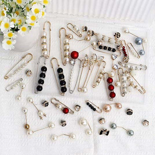 50 Pcs Pearl Brooch Safety Pins for Clothes Dress Jeans Pants Skirt Faux Pearl Rhinestones Tightener Safety Pins for Women Waist Decoration Accessories Sock Charms Pins