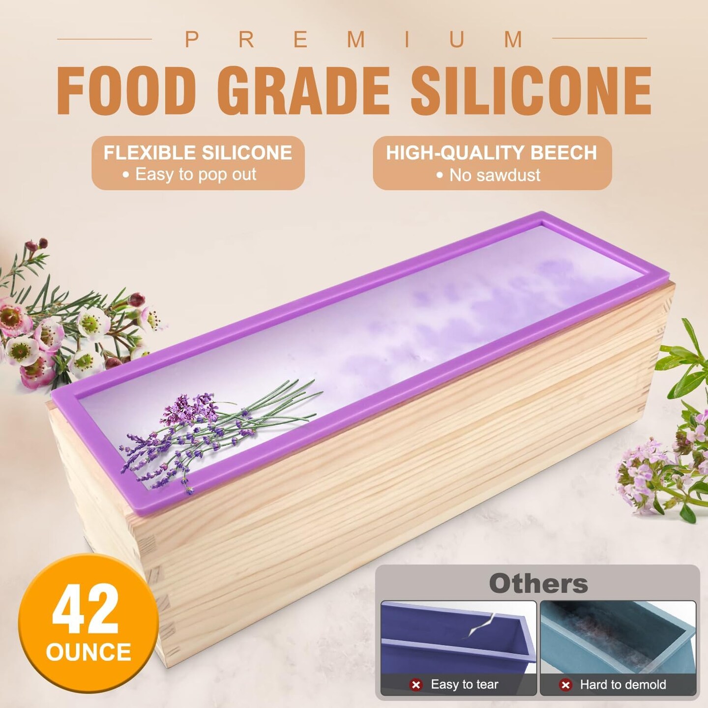 Soap Mold for soap Making, Soap Making kit - 42 oz Silicone Loaf soap Mold Set with Rectangular Wood Box &#x26; Bamboo Cutter Measuring Box, 2 Scraper for Soaps Making
