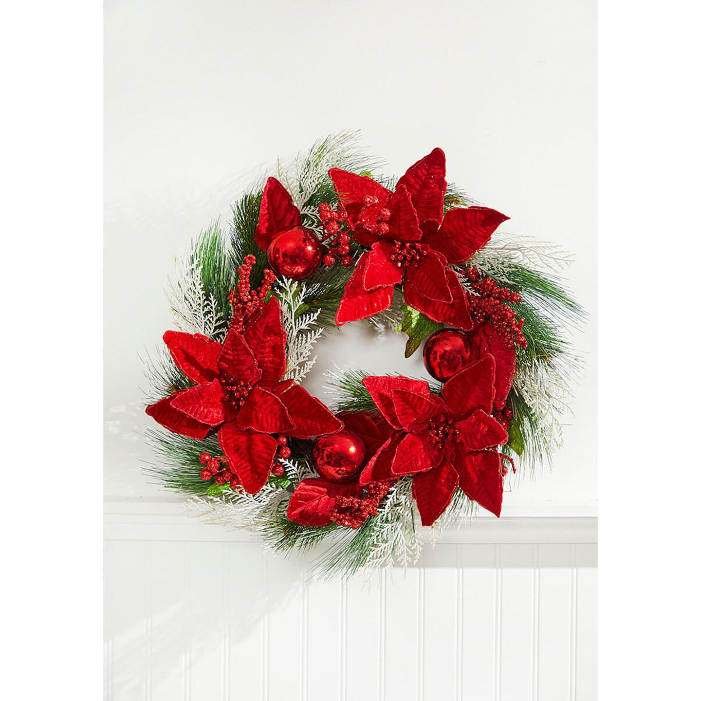 22” Poinsettia with Pine Wreath Classic Christmas Wreath with Red Flowers, Pinecones & Greenery