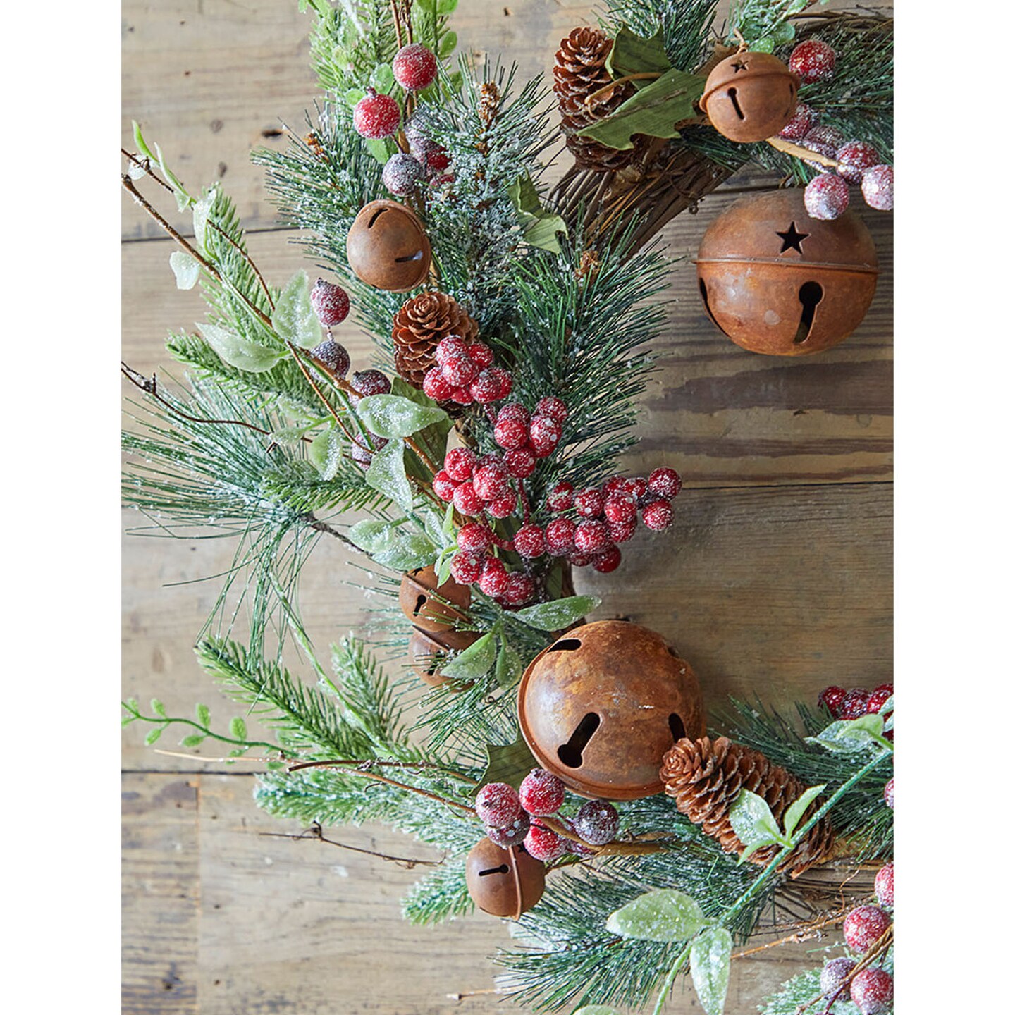 18" Rustic Bell Wreath Farmhouse Christmas Wreath with Jingle Bells for Front Door or Wall Décor