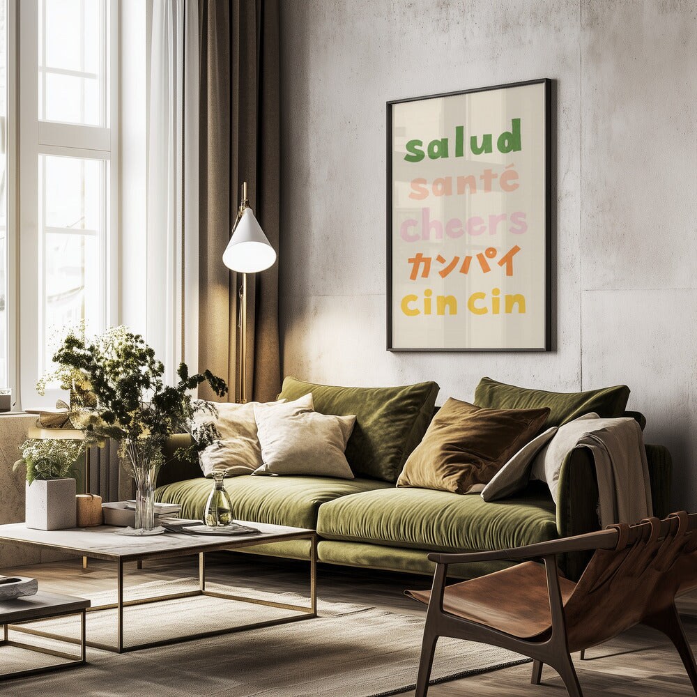 Cheers Typography - Salud Sant&#xE9; Cheers Kanpai Cin cin - Rio Sol&#xE9;y 24x36 Black Framed Art | Home or Office Art
