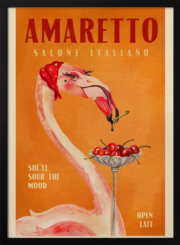 Amaretto Flamingo Art Deco Italian Cafe Travel Art - The Whiskey Ginger 24x36 Black Framed Art | Home or Office Art