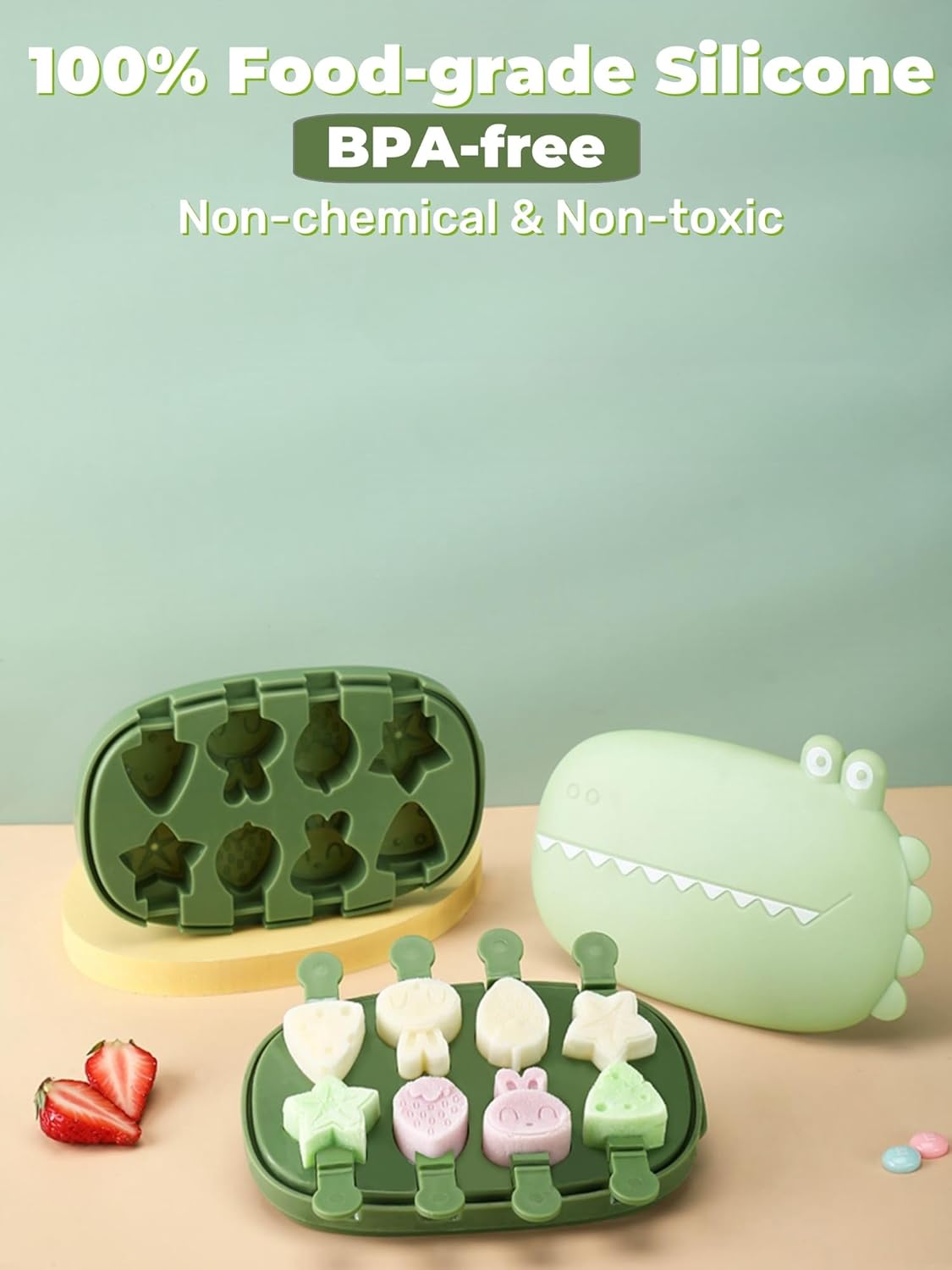 Silicone Popsicle Molds, Dinosaur Animal Small Mini Popsicles Molds, Fun Shaped Homemade Ice Popsicle Molds Set, BPA Free (Green-crocodile(8 pieces))