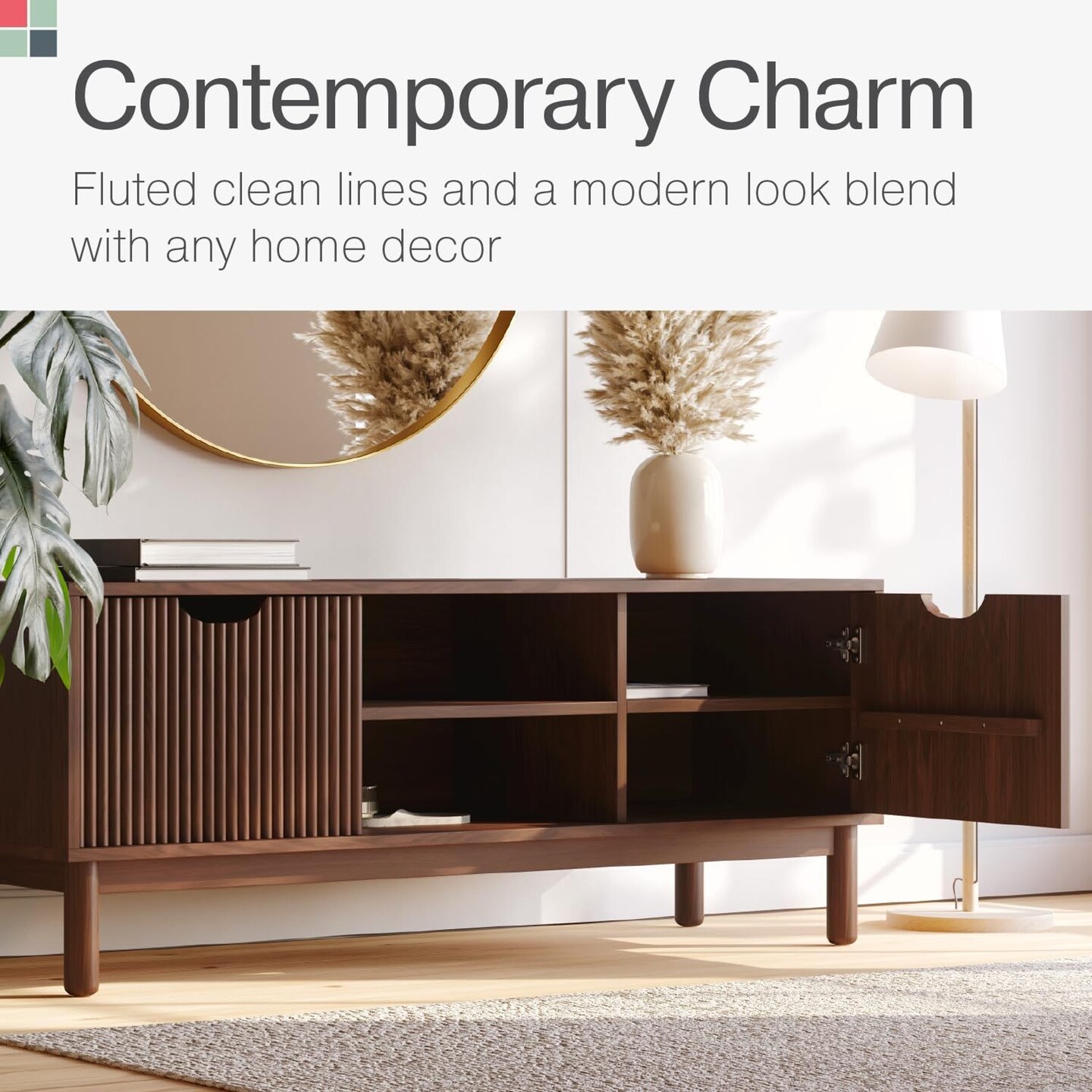 Stead Low Profile Fluted TV Stand, Mid Century Modern TV Stand, Living Room Furniture - 48&#x201D; Entertainment Center with Shelves and Doors, Fits 55&#x22; TVs, Walnut TV Stand, Modern Home Decor (Walnut)