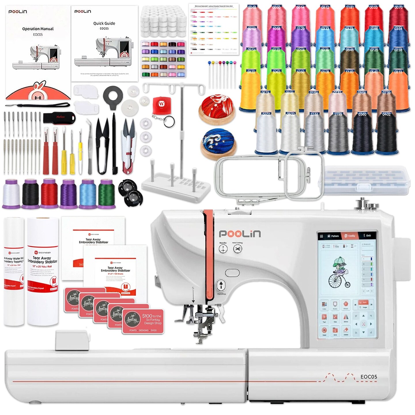 POOLIN EOC05 4in x 9.2in Embroidery Machine with Deluxe Accessory Bundle