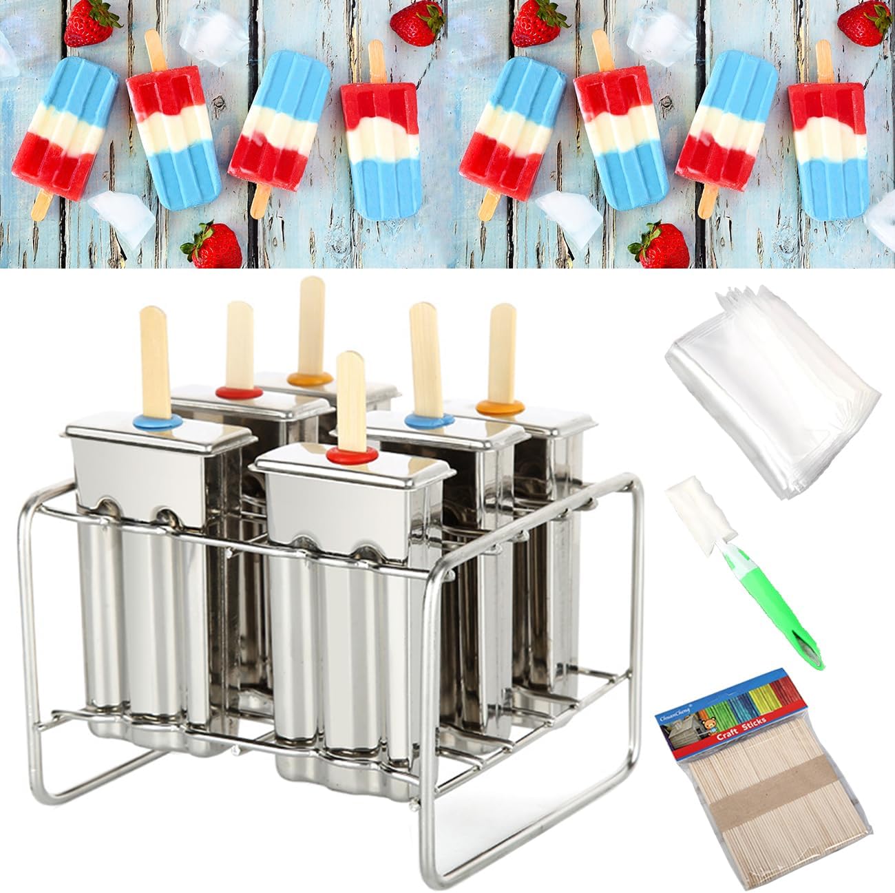Set of 6 Stainless Steel Popsicle Molds Kit, Homemade Ice Treat Makerwith 50 Wooden Sticks and 6 Silicone Seals and 20 Pop Bags,Cleaning Brush&#xFF08;Square&#xFF09;