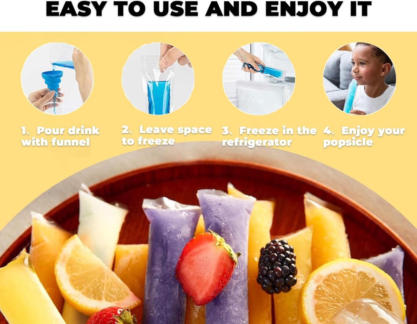 Disposable Popsicle Bags, 100 Pack 11.0&#x22;W x 2.2&#x22;H BPA-Free Freezer Pop Bags with Zip Seals &#x26; Silicone Funnel for DIY Healthy Snack Yogurt Stick Juice &#x26; Fruit Smoothies