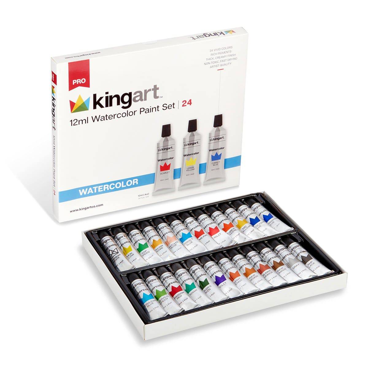 KINGART® PRO Artist Watercolor Paint, 12ml (.4oz), Set of 24 Unique Colors