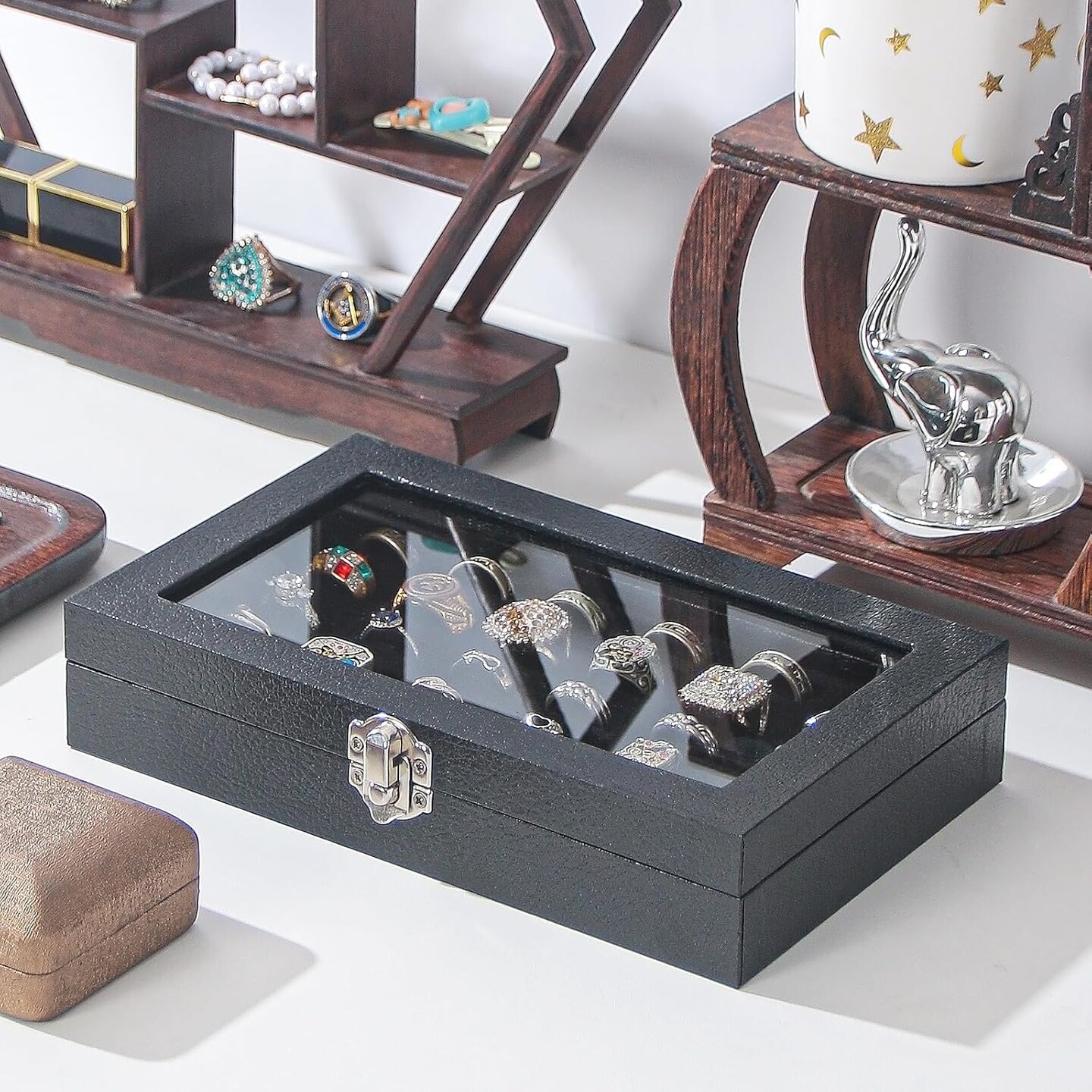 Rings Organizer Tray, Velvet Jewelry Ring Storage Box with Transparent lid Jewelry Ring Box,Jewelry Display Case