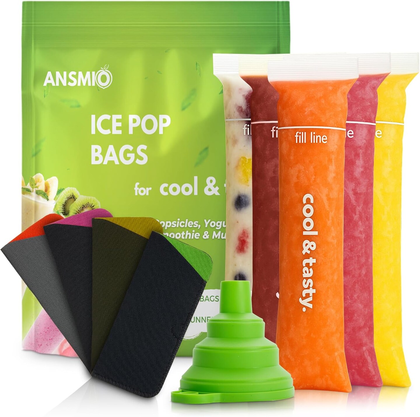 150 Disposable Popsicle Mold Bags with Zip Seals & 4 Popsicle Sleeves – 8x2" Freezer Tubes for DIY Ice Pops, Yogurt, Juice & Fruit Smoothies – Includes Funnel & Popsicle Sleeves – BPA-Free