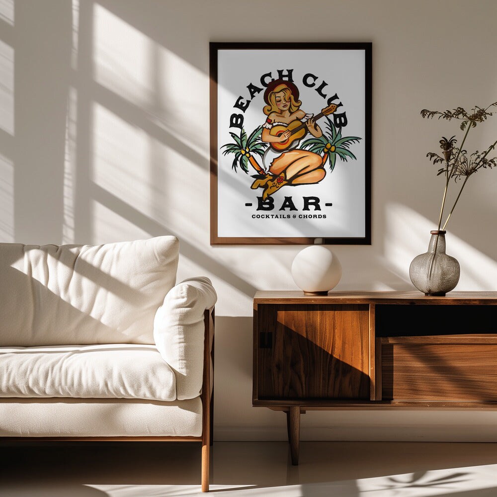 Beach Club Bar. Sailor Jerry Style Pin-up Girl Playing Guitar - The Whiskey Ginger 24x36 Black Framed Art | Home or Office Art