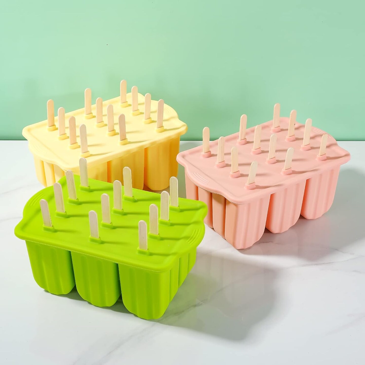 Popsicles Molds Set, 12 Cavity Homemade Maker Ice Pop Mold, Silicone Freezer Molds with 50 Popsicle Sticks 50 Popsicle Bags 50 Ties Funnel Recipes and Brush (Pin k)
