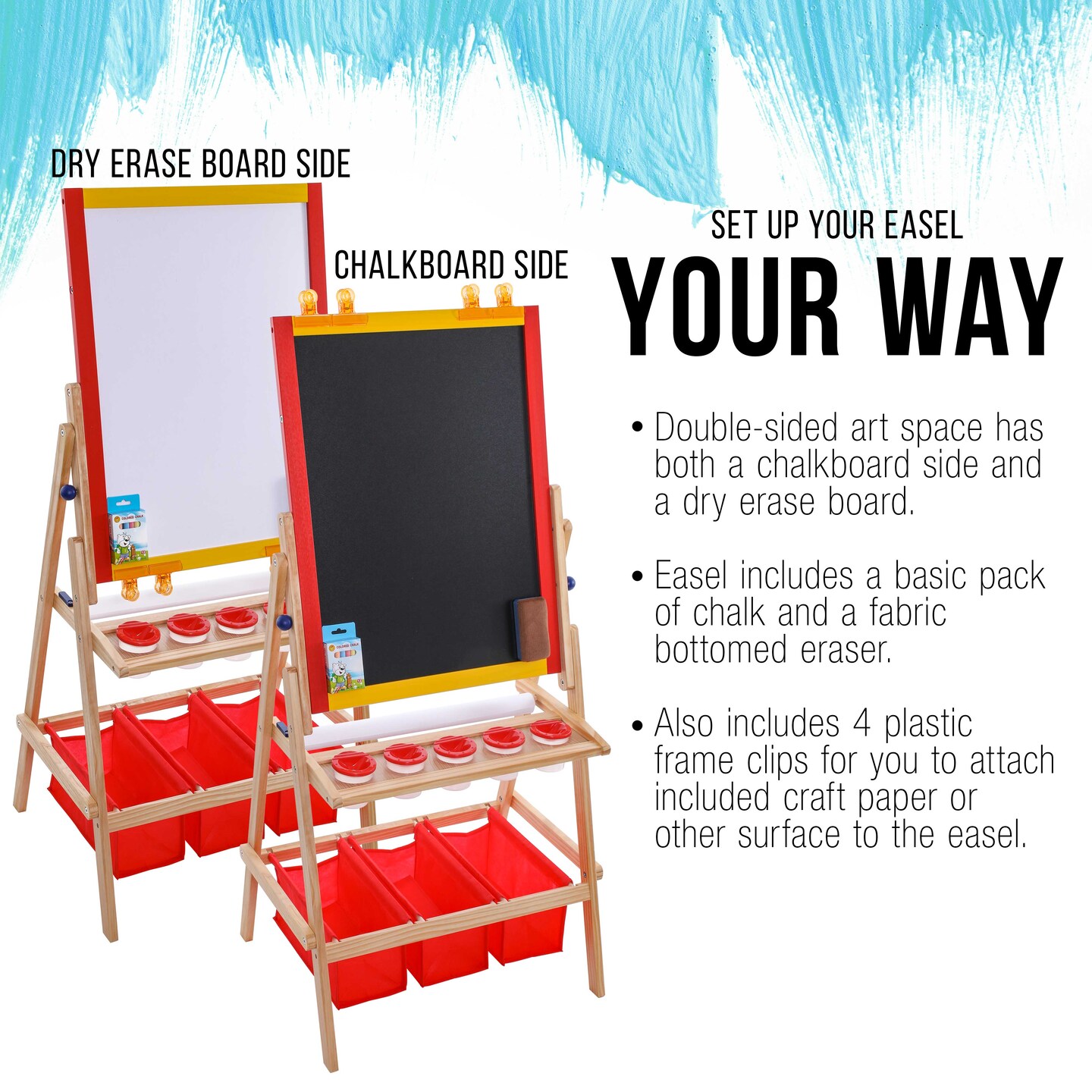Flip-Over Children&#x27;s Double-Sided Paint &#x26; Drawing Art Easel Board with Chalkboard, Dry Erase Board, Paper Roll, 3 Storage Bins, 5 No-Spill Cups, Chalk