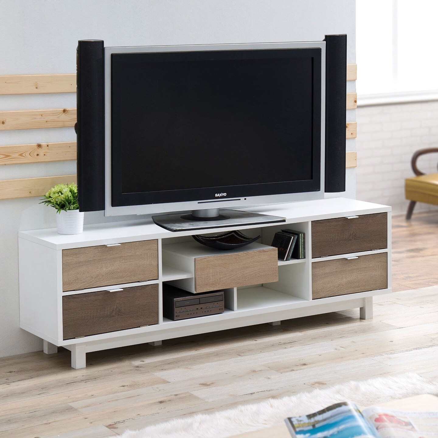 Modern 70-Inch White TV Stand with Natural Wood Shelves & Storage