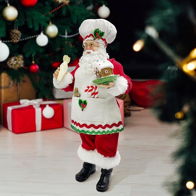 11-Inch Cooking Chef Santa with Gingerbread House,Resin Statue Santa Figurine Christmas Decoration Ornament Xmas Gift