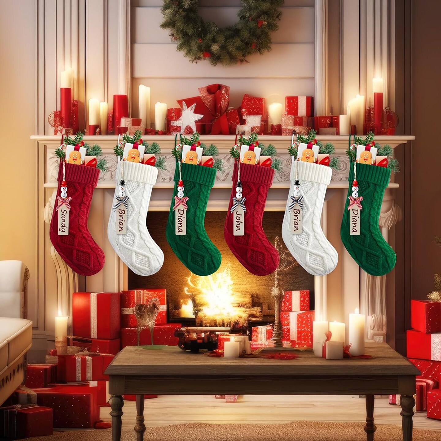 Personalized Christmas Stockings - 18 Inches Hanging Stockings with DIY Snowman Name Tags, 6 Pack Large Size Knitted Stockings for Mantels, Christmas Tree Family Holiday Decor, Red Green White