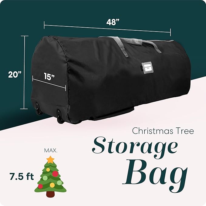 Rolling Tree Storage Bag - For 7.5-Foot Artificial Christmas Holiday Tree Zippered Bag, Carry Handles and Wheels for Easy Transport - Protects Dust, Insects, and Moisture (Black)