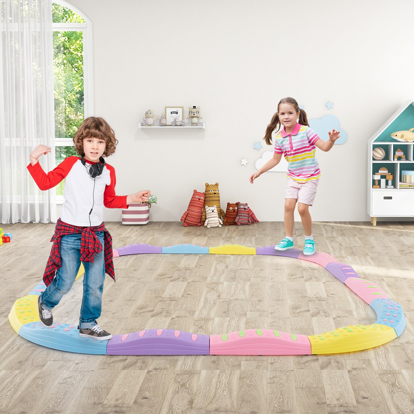 Colorful Kids Wavy Balance Beam with Textured Surface and Non-slip Foot Pads