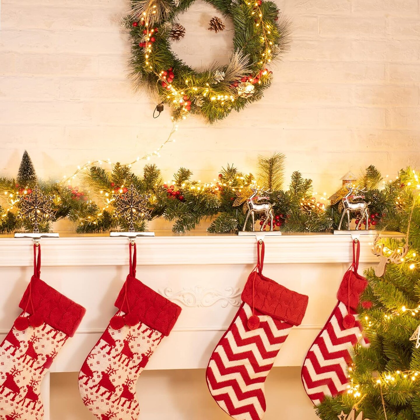 Christmas Stocking Holders, Set of 2 Snowflake &#x26; Reindeer Silver Stocking Holder, Weighted Personalized Christmas Stockings Hanger for Mantel, Stocking Hooks for Mantle Fireplace Christmas Decorations