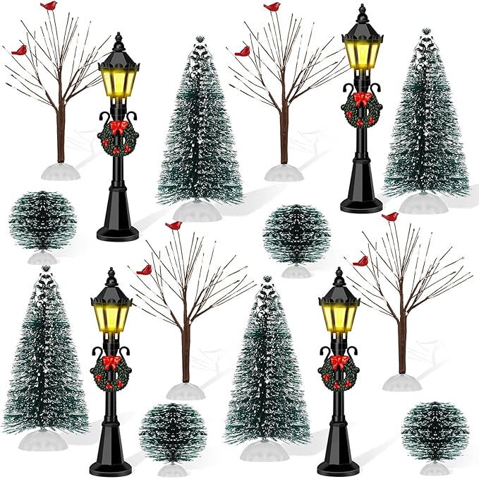 16 PCS Christmas Figurine Village Accessories, Christmas Mini Street Light Models with Brush Trees, Miniature Christmas Pathway Street Lamps Lantern Post for DIY Micro Landscape Fairy Garden