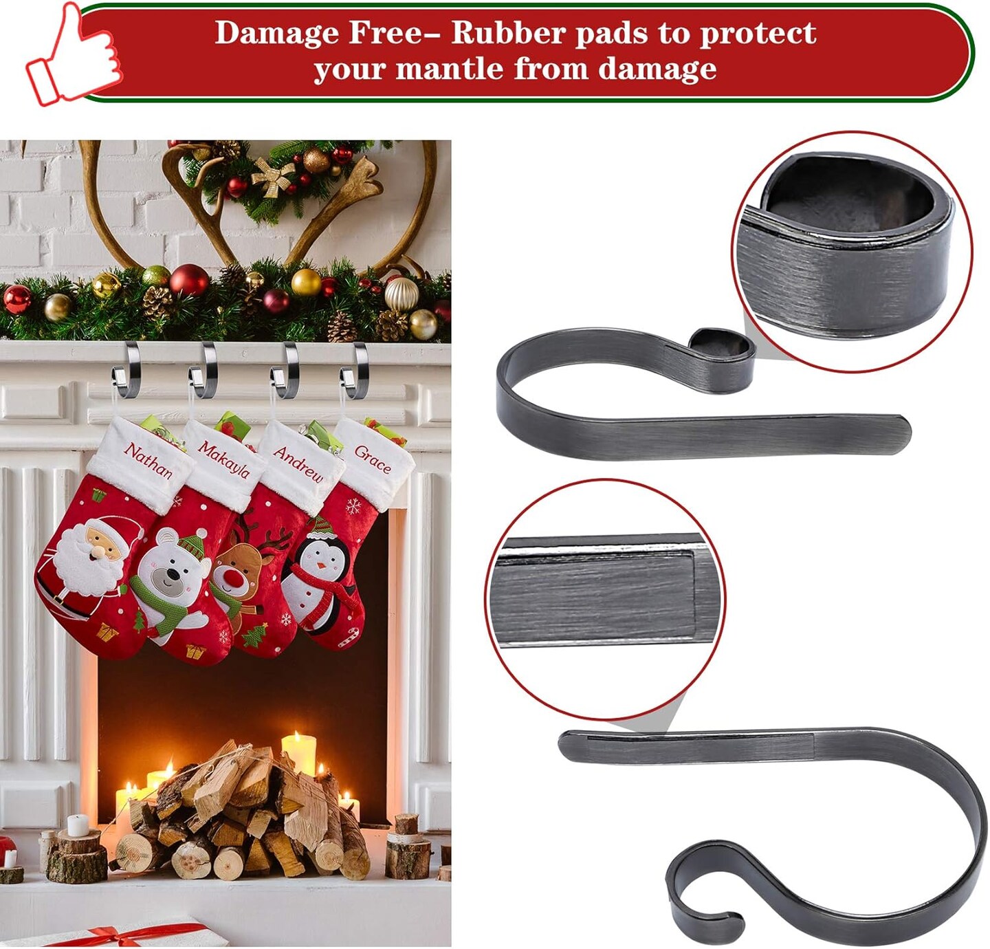 Christmas Stocking Holders for Mantle Set 4,Protective Pads Christmas Stocking Holders for Fireplace Mantle,Multi-uses Stocking Hooks for Mantle,Mantel Stocking Holders Clip for Xmas Party Decoration
