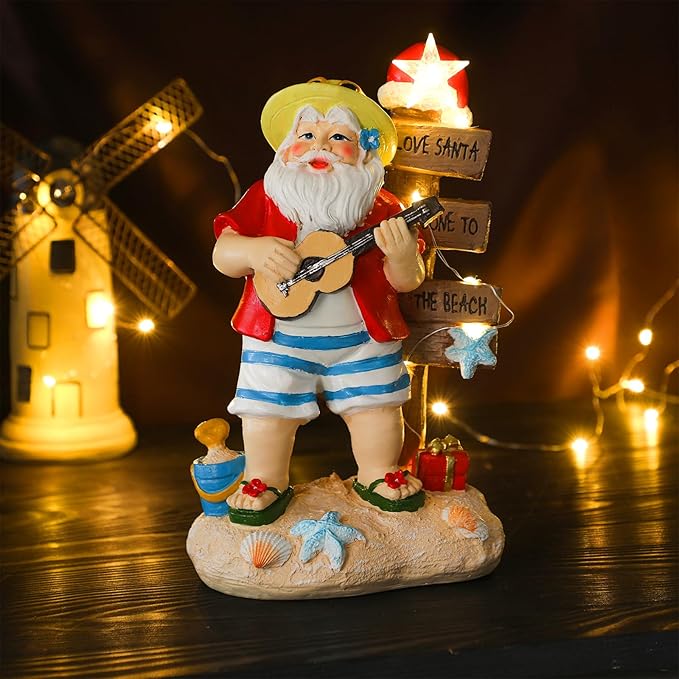 Lighted Christmas Beach Santa Decorations LED Dreams Santa Claus by The Sea Seaside Christmas Tabletop Figurines Collectibles Resin Table Statues Centerpiece Xmas Gift Party Home Decor (Santa)