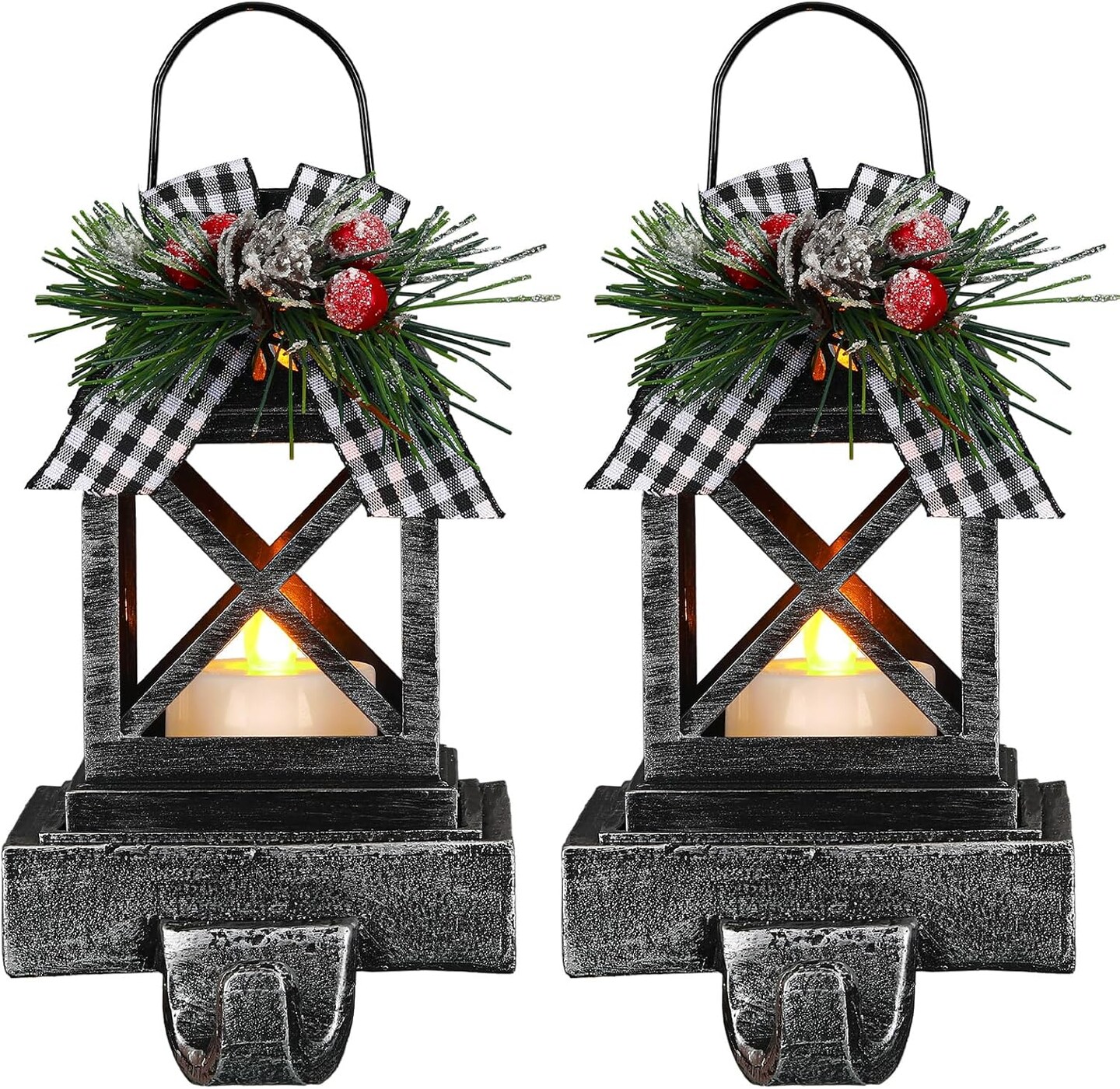 2 Pcs Christmas Stocking Holders Lantern Stocking Hangers for Mantel Retro Xmas Hooks Decorative Light up Stocking Holders for Christmas Stockings Hangers Home Indoor(Classic,Black)
