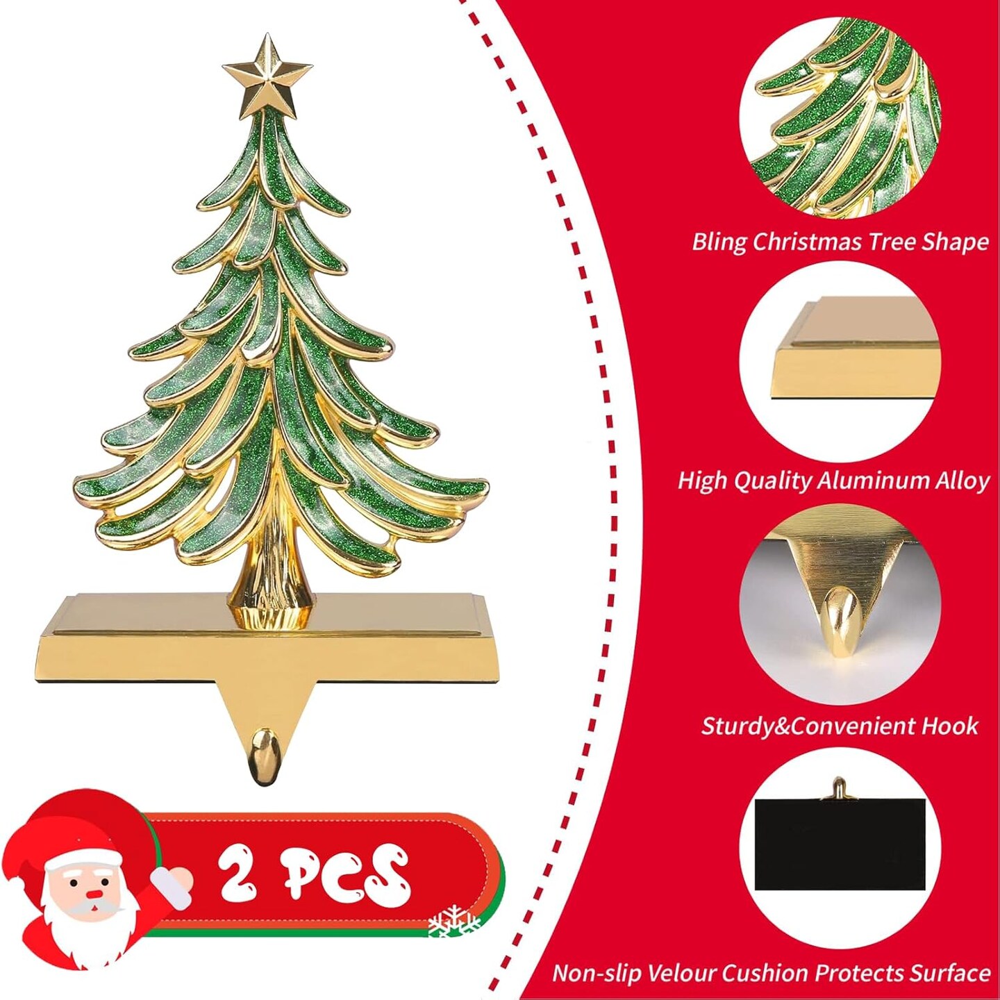 2PC Christmas Stocking Holders for Mantle Glitter Green Xmas Tree Gold Stocking Holder for Fireplace Home Decor Holiday Gifts Christmas Decorations Supplies Non-Skid Durable and Sturdy