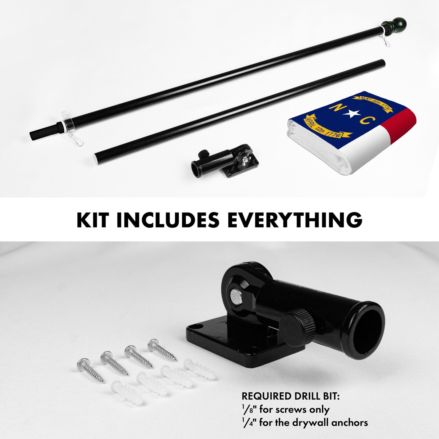 G128 Combo Pack: 5 Ft Tangle Free Spinning Flagpole (Black) & North Carolina Flag 2.5x4 Ft Embroidered 220GSM Spun Polyester, Brass Grommets (Flag Included) Aluminum Flag Pole